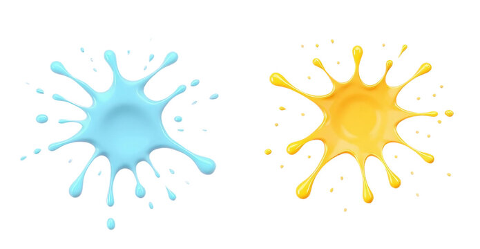 Zwei kr&auml;ftige Splash-Kleckse in Blau und Gelb mit 3D-Optik, comicartig und dynamisch. PNG mit transparentem Hintergrund.