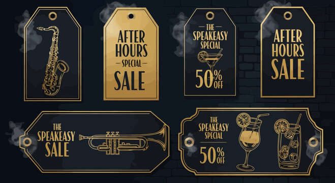Vintage speakeasy sale tags featuring saxophone, trumpet, and cocktails, perfect for jazz nights and retro promotions