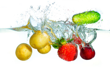 Vibrant Fresh Produce Splashing In Water With Bubbles And Reflections