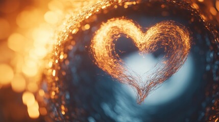 Sparks create a heart shape in warm tones, showcasing a beautiful glow against a calm blue backdrop, evoking feelings of love