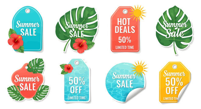 Hot summer sale tags with tropical hibiscus flowers and monstera leaves, a sun icon, and discount offers, perfect for seasonal promotions and advertising campaigns.