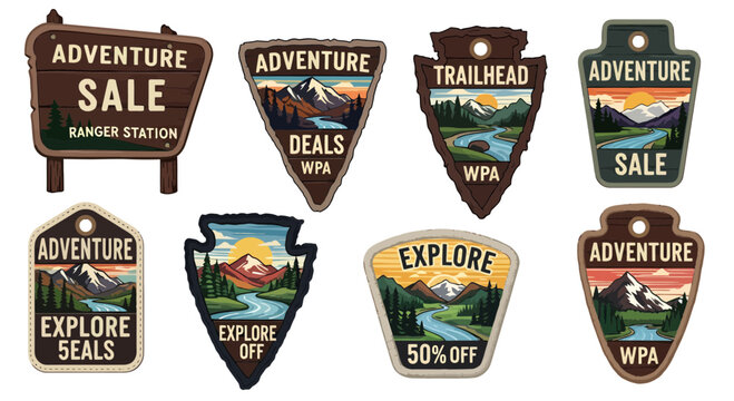Explore adventure sales and deals with these vintage outdoor silhouette badges perfect for travel and lifestyle branding