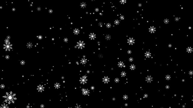 White snowflake falling on black background, Winter holidays animated snowflakes on black background,
 Schneeflocken Schneefall Hintergrund, Natural organic white snowflake particles floating, 