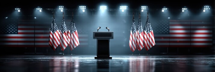 Podium set for political speech surrounded by American flags at a venue illuminated by dramatic lighting