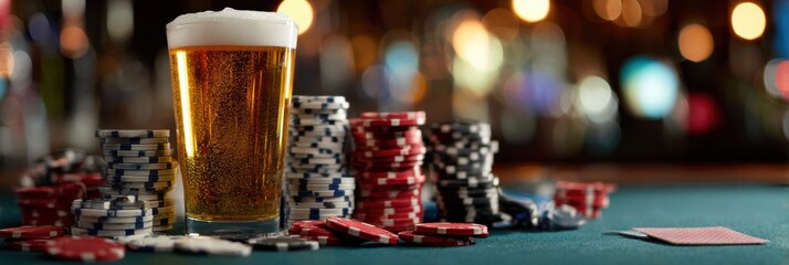 Enjoying Beer While Playing Poker in a Lively Bar Filled With Colorful Chips and Sparkling Lights