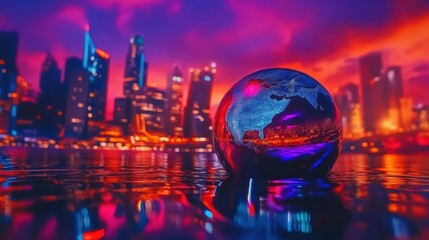 Glistening globe reflecting a vibrant city skyline at dusk
