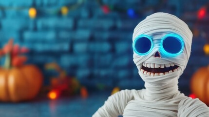 Mummy decor with glowing glasses and pumpkins for Halloween