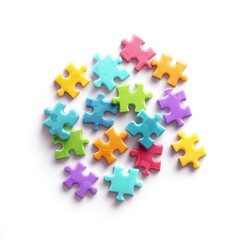 Colorful puzzle pieces scattered on white background
