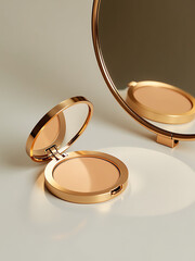 soft focus beige powder compact rests beside gleaming round mirror metallic handle reflecting warm overhead light
