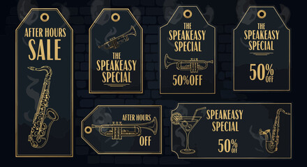Vintage speakeasy sale and special offers featuring jazz instruments and cocktails, a stylish silhouette for promotions