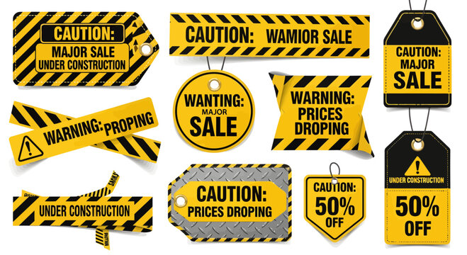 Bold caution and warning sale tags and banners with construction theme and 50% off sale alerts, creating a striking visual impact for promotions