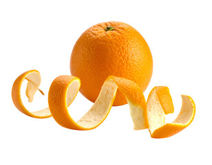 Fresh orange fruit with vibrant orange peel in a spiral curl against a black background