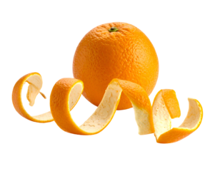 Fresh orange fruit with vibrant orange peel in a spiral curl against a black background