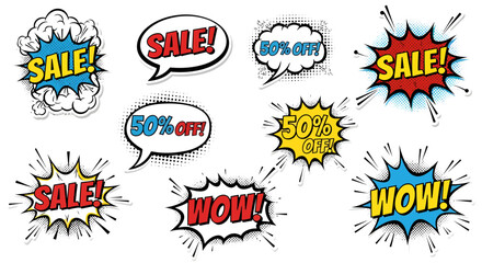 Obraz premium Dynamic sale and discount explosion silhouettes, capturing attention with vibrant comic book style bursts and bold lettering for promotions