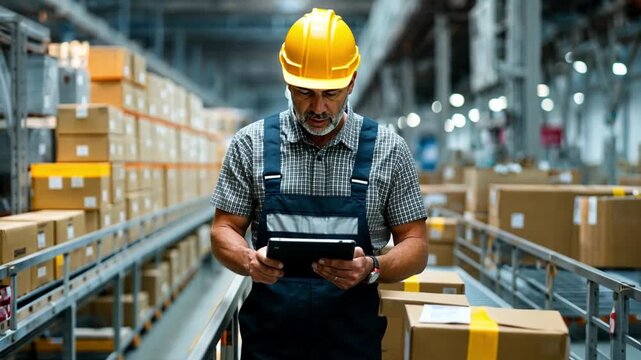 Warehouse Operations: A focused worker in safety gear uses a digital tablet amid rows of packed boxes, emphasizing logistics and precision in industrial operation.