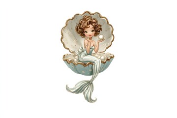 Obraz premium Cute Mermaid Girl Sitting in Seashell Holding Pearl in Underwater Scene