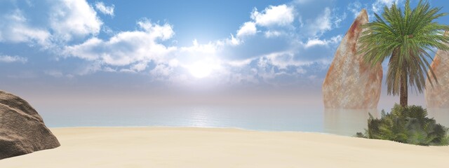 Beautiful beach with palm trees at sunset, panorama of a tropical landscape, sea sunset, 3d rendering