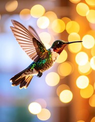 Obraz premium Generated image Multicolored Stained Glass Hummingbird in Flight Against a Bokeh Background