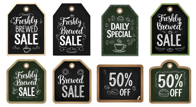 Chalkboard sale tags featuring freshly brewed coffee specials and 50% off deals, perfect for cafes and promotions, a delightful silhouette collection.