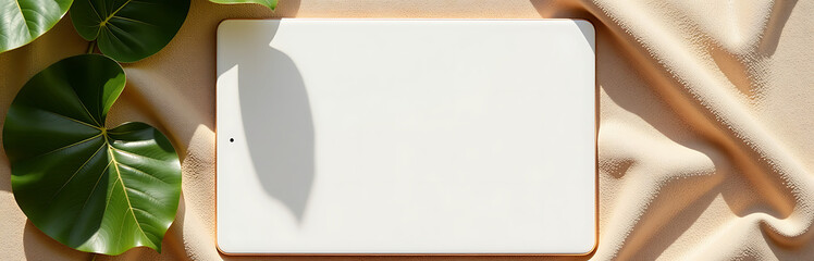 sleek white tablet sits atop warm beige fabric backdrop surrounded lush green leaves cascade one side soft natural