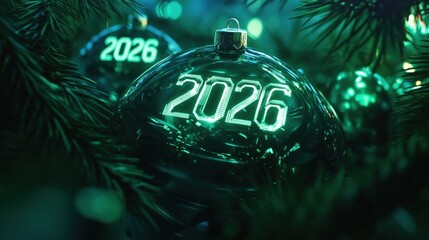 Festive ornament showcasing the year 2026 among green foliage