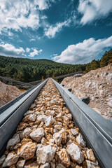 Vibrating conveyor belt transporting rock in a dynamic mining environment under a vibrant sky