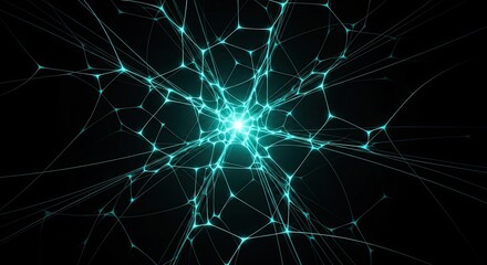 A bright cyan light emanates from a central point, connecting a web of glowing nodes and lines in a dark space