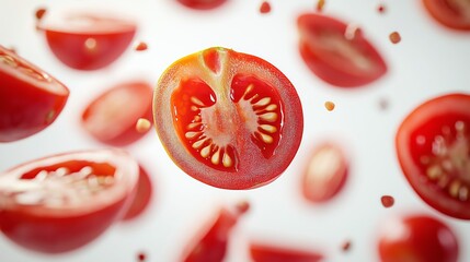 Juicy cherry tomato slices floating in air with seeds on white background
