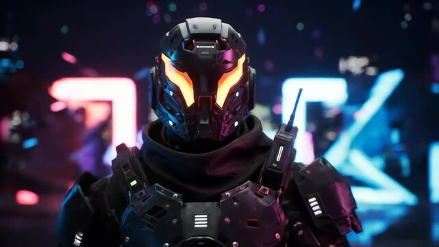 Close-up of cyber warrior with glowing visor in shifting neon cyberpunk city, visor pulses, background swirls
