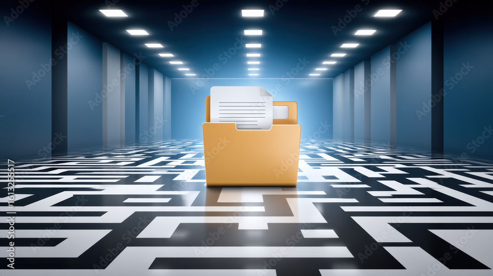 Poster medical record folder with document inside standing on maze pattern floor in illuminated corridor sy