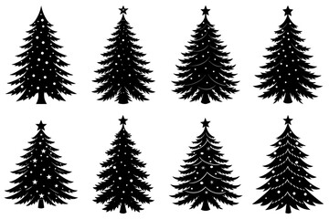 Silhouette christmas trees with stars and ornaments arranged in a grid pattern on a white background