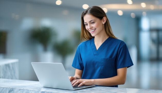 Medical nurse record working on laptop computer in hospital reception area smiling with joy