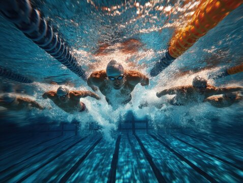 Underwater view of focused male swimmer mid-stroke in indoor pool with dramatic lighting. Concept of elite sports, triathlon, endurance, motion, discipline, and professional training.