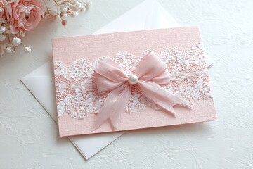 Pastel pink invitation card with lace and ribbon