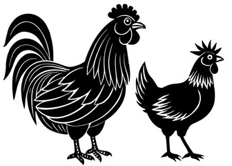 Fototapeta premium Rooster and Hen Chicken Silhouettes