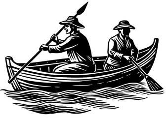 Two People Rowing Boat on Water Silhouette