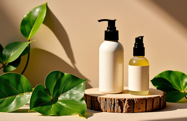 serene flatlay showcases trio skincare essentials rustic wooden surface amidst lush greenery set