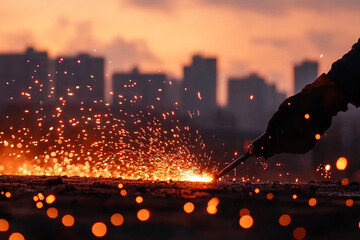 Worker with handheld welding torch creates sparks at sunset