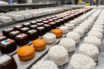 Workers assemble confections on a busy production line