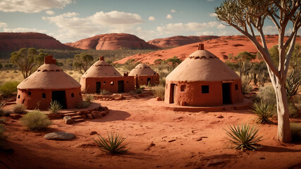 Aboriginal-inspired village with shelters and red rocks on a circular base. Warm earth tones and subtle particles in kawaii 3D style.