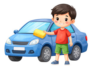 Kid and Car: An adorable illustration features a child, holding a sponge, diligently cleaning a blue car.