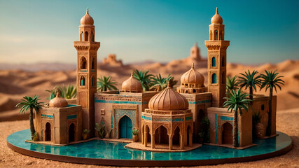 Fototapeta premium Mini Moroccan city with riads, minarets, and palms on a round base. Earth tones and tile textures in a kawaii 3D style.