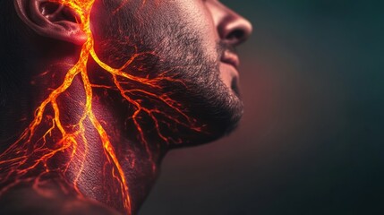 Illuminated veins contrast with a man's profile in dramatic lighting