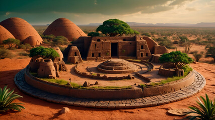 Mini 3D diorama of ancient Africa with stone walls, mud houses, and baobabs on a round base. Earth tones and subtle magical particles.