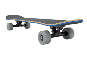 Grey skateboard with blue trim isolated on transparent background