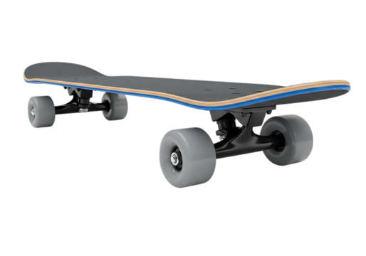Grey skateboard with blue trim isolated on transparent background