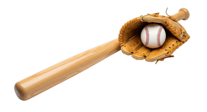 Baseball bat mitt and ball isolated on transparent background