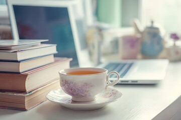 Fototapeta premium home learning setup with computer books and cup of tea peaceful mood