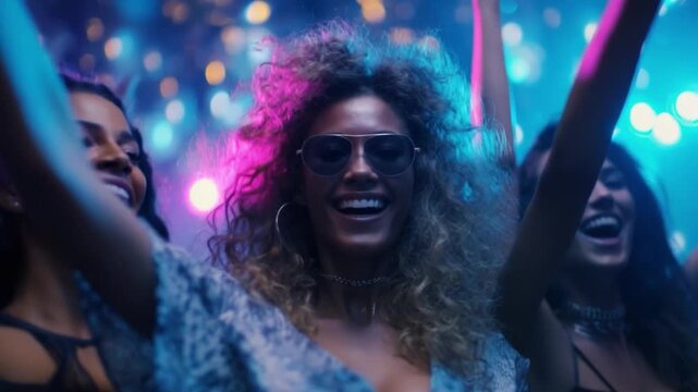 Joyful Revelry: A vivacious gathering of friends, enveloped in a radiant dance floor setting, radiating a collective spirit of mirth and lively music.