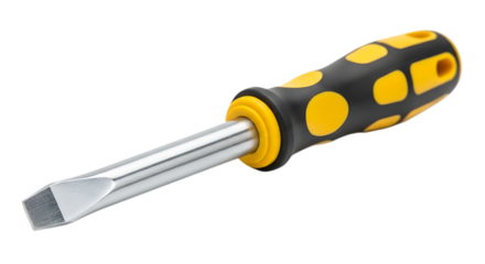 Flathead screwdriver with yellow and black handle isolated on transparent background